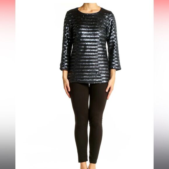 BODEN Black Sequin Striped Long Sleeve Top S 4 - Picture 2 of 8